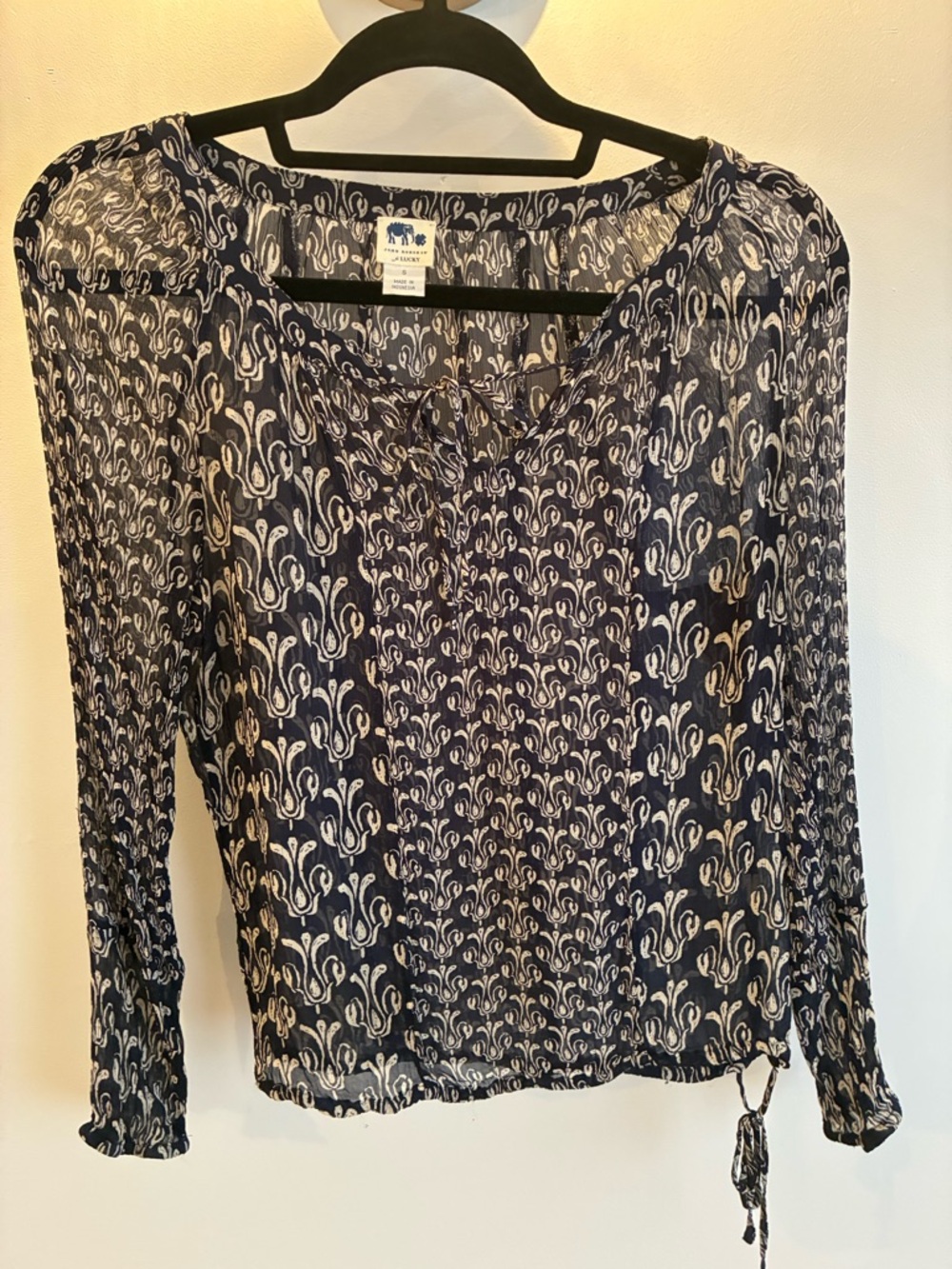 Lucky Brand Navy and Cream Printed Long-Sleeve Blouse